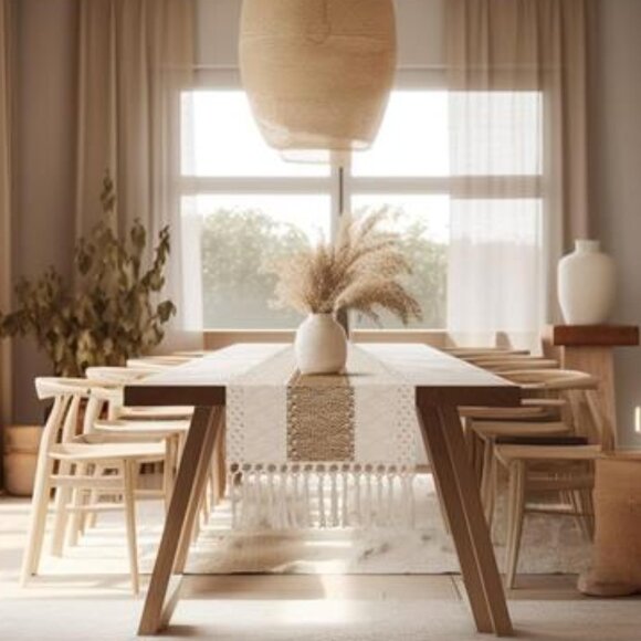 Boho Table Runner with Tassels - 72 Inc Cream & Brown Macrame Burlap-(12x72 Inch - Picture 7 of 8